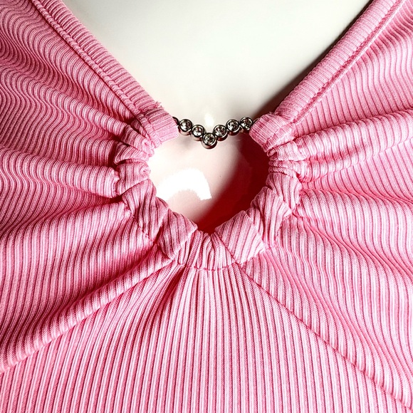 Pink Ribbed Ruched Crop Top Rhinestone Ring Y2K Long Sleeve Medium - Picture 4 of 4